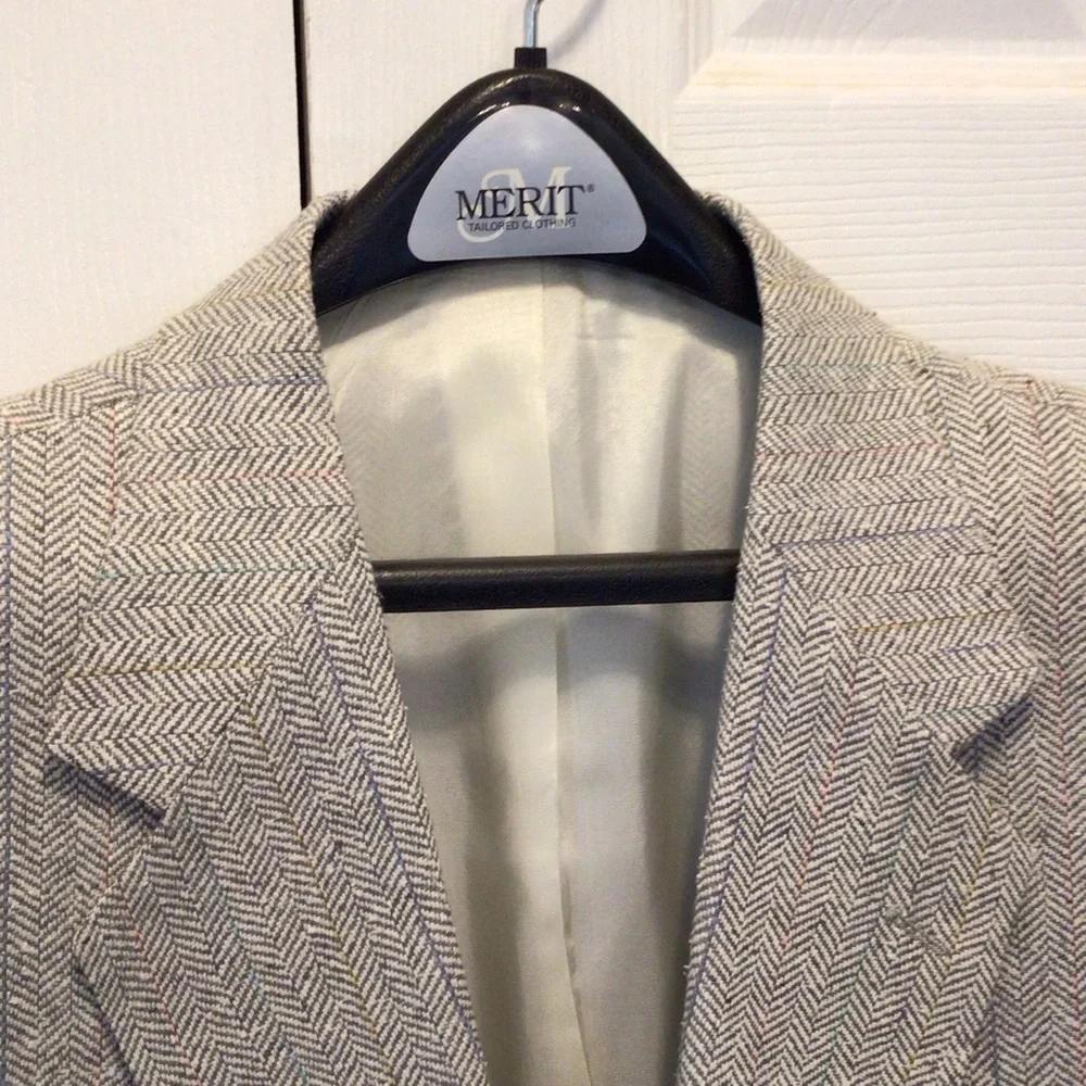 Merit Mens Gray Herringbone Stripe Matka Silk Blazer Suit Sport Jacket Size 44R